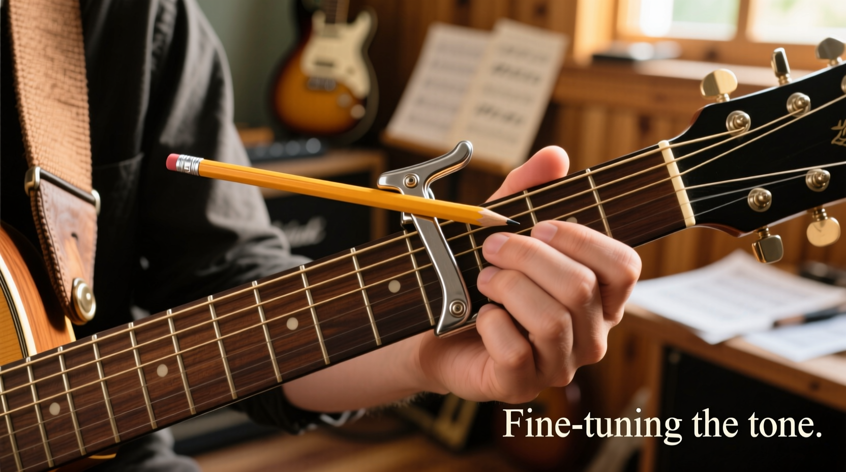 Hands positioning pencil capo on guitar neck