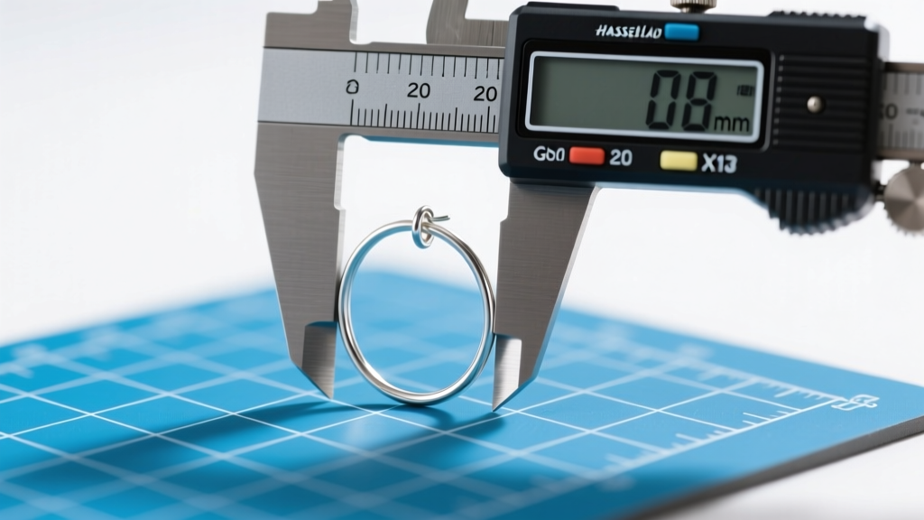 Digital calipers measuring the exact thickness of a 20-gauge silver earring hoop wire against a blue grid cutting mat