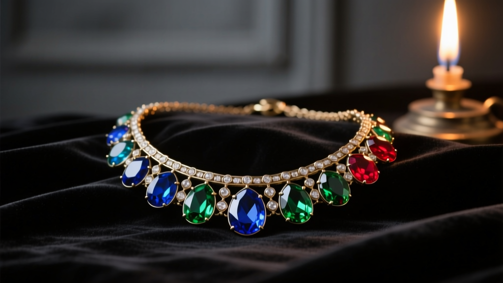 19th-century lead glass paste necklace resting on dark velvet, illuminated by warm, flickering gaslight-style ambient lighting.