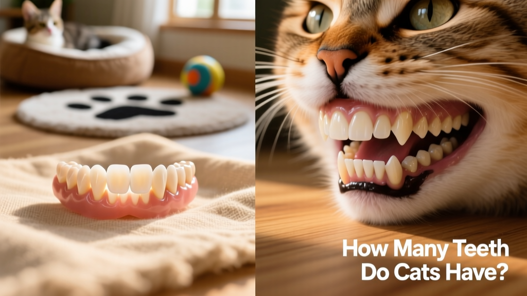 Side-by-side comparison showing kitten milk teeth versus adult cat teeth