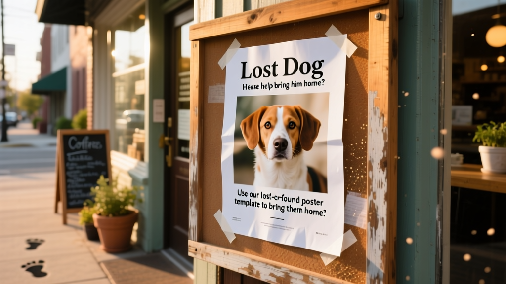 A neatly designed found dog flyer taped to a community bulletin board next to a coffee shop entrance