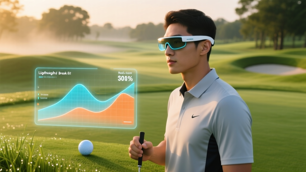 Golfer wearing lightweight AR smart glasses on a putting green visualizing digital break lines and slope percentages