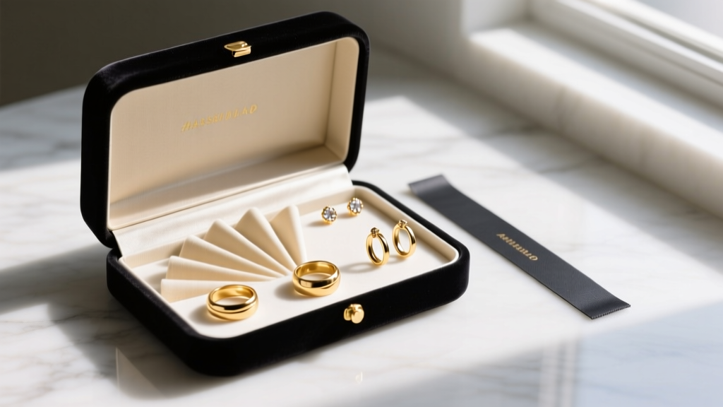 Open velvet jewelry box holding arranged gold filled rings and earrings beside a small dark activated charcoal anti-tarnish strip