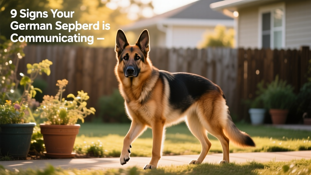German Shepherd standing alert with ears forward, tail level, and relaxed posture