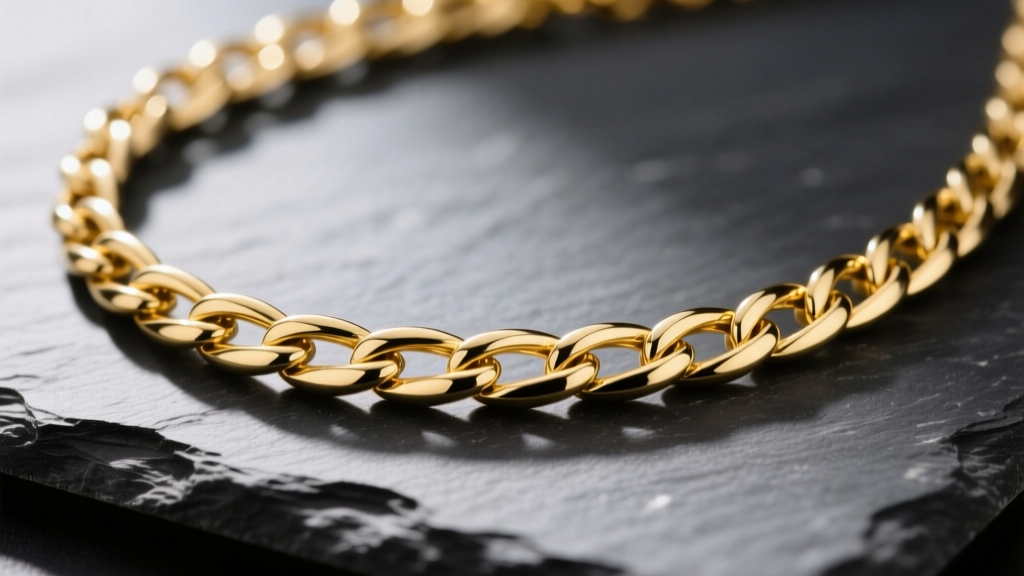 Macro shot of an 18k yellow gold Italian Figaro necklace on dark slate, displaying alternating links and a polished finish.