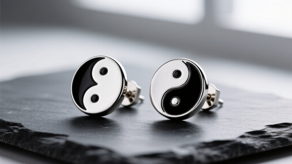 Macro shot of 18-gauge titanium yin yang stud earrings on dark slate, showing polished silver and black enamel under soft light.