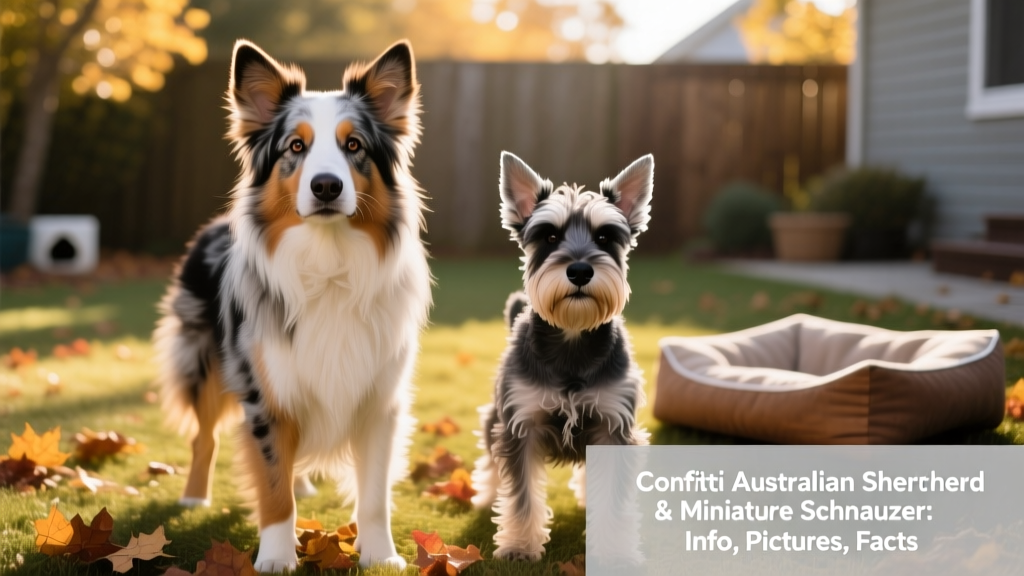 Side-by-side comparison showing an Australian Shepherd and a Miniature Schnauzer, highlighting shared ear shape and contrasting coat lengths
