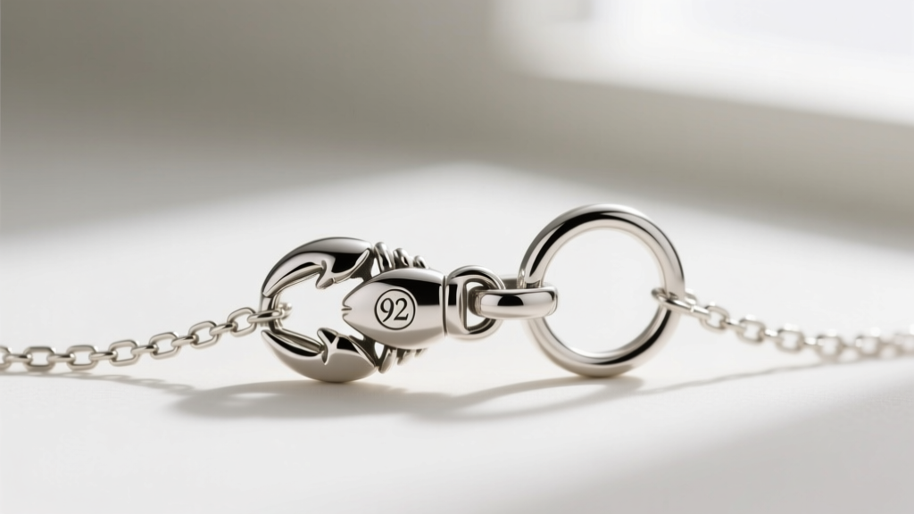 Close-up of a 925 silver lobster clasp and jump ring on a 1.2mm box chain, with sharp macro focus on the hallmark stamp detail.