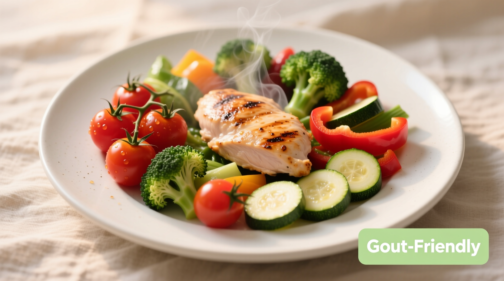 Colorful gout-friendly meal with vegetables and lean protein
