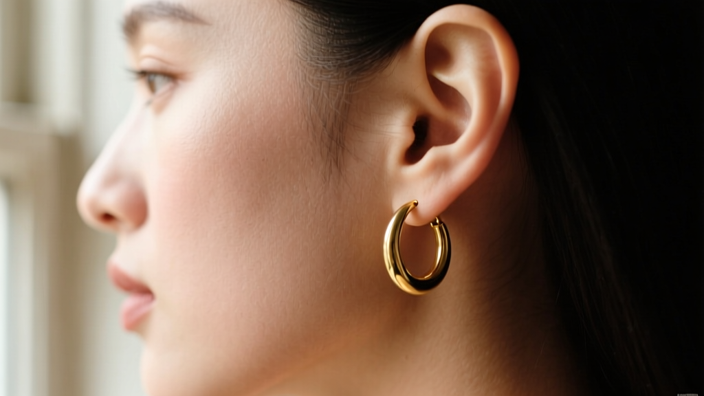 Vintage 1980s photo of a single small gold hoop in the right ear lobe, featuring a grainy film aesthetic and nostalgic mood