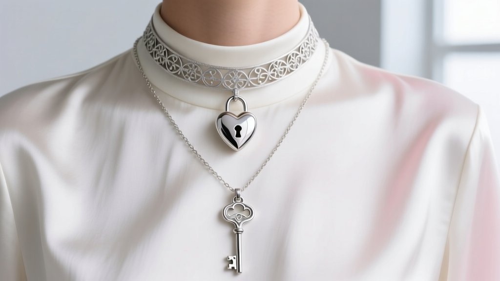Layered jewelry on a silk blouse: a 14-inch silver choker, an 18-inch heart lock pendant, and a 22-inch matching key charm.