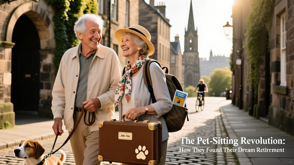 John and Barb smiling warmly on a cobblestone street in Edinburgh, Scotland, with a small suitcase and backpacks