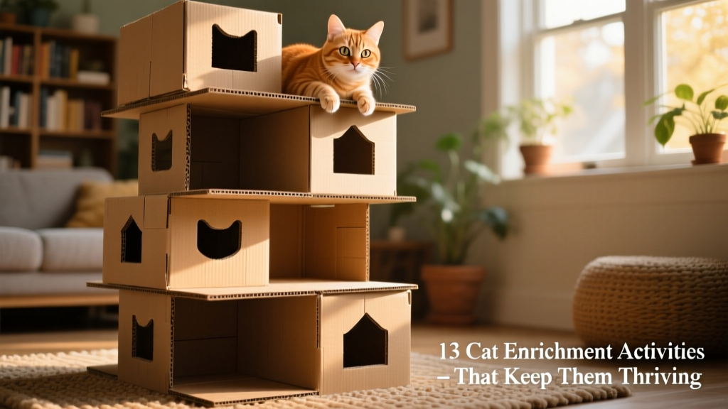 Stacked cardboard boxes arranged like a multi-level cat house with a cat peeking out