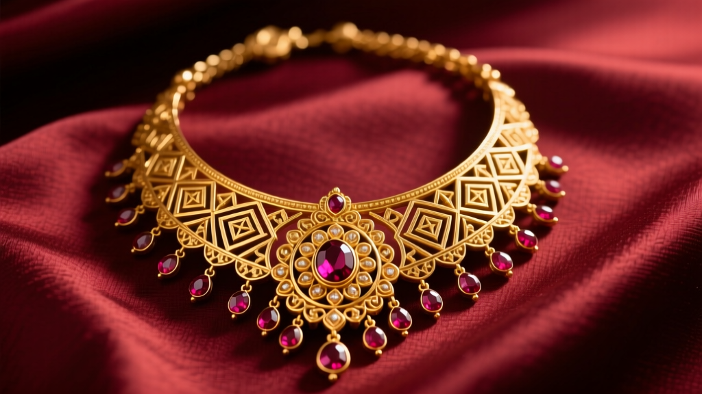 A heavy 22k gold South Indian temple necklace with ruby cabochons resting on dark red silk, illuminated by warm studio lighting.