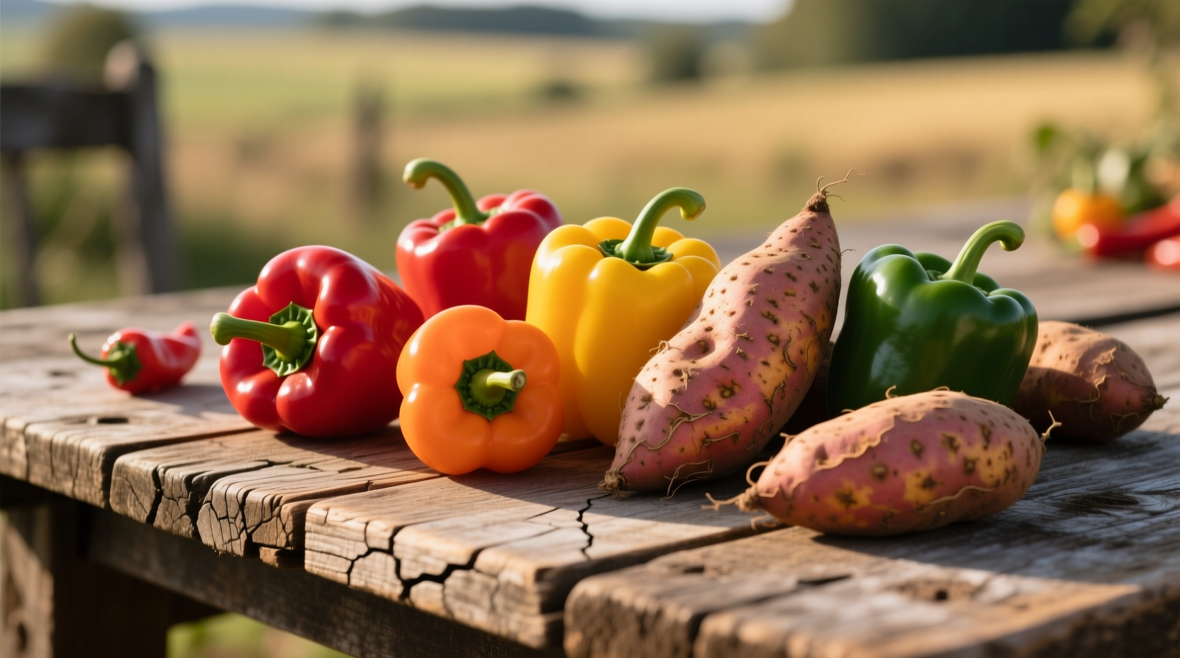 Colorful bell peppers and sweet potatoes on rustic wooden table