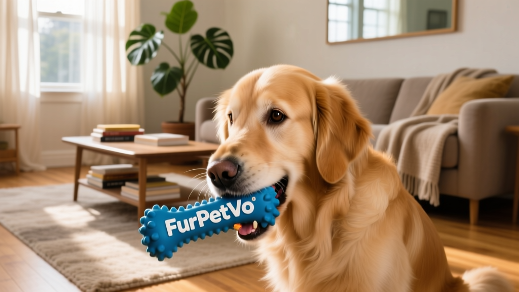 A dog gently chewing on a durable rubber toy labeled 'FurPetVo' in a sunlit living room