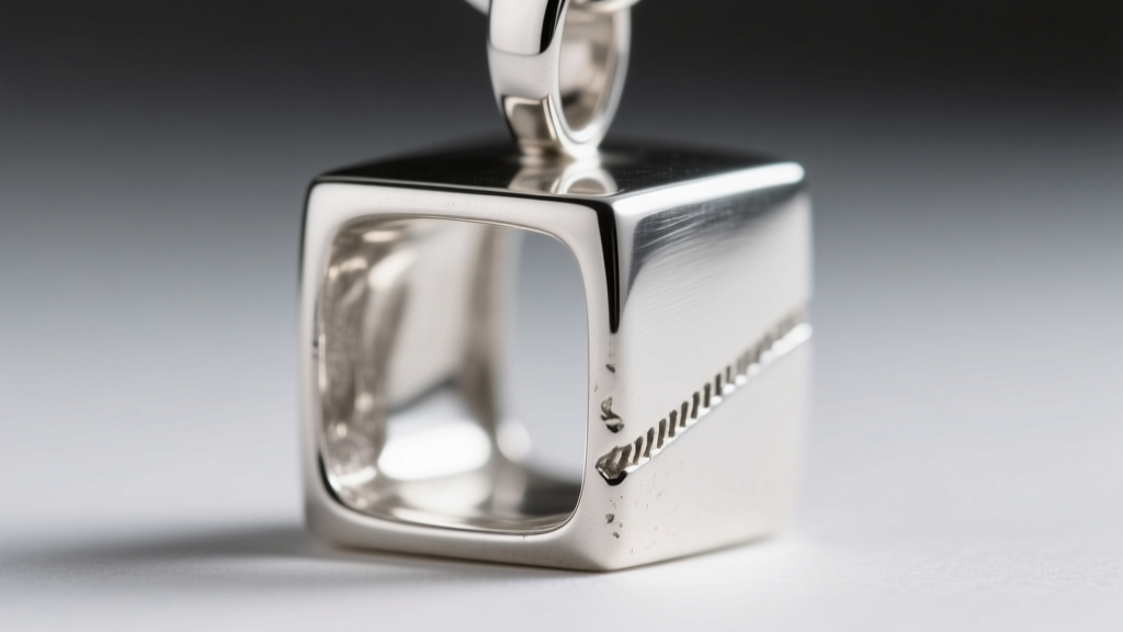 Close-up of a hollow sterling silver cube pendant with a visible seam line and a slightly dented corner from daily wear impact.