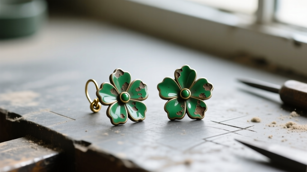 Macro shot of tarnished green enamel flower earrings on a jeweler