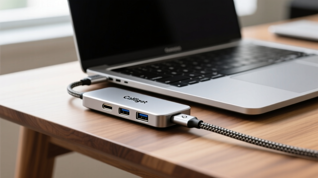 Close-up of CalDigit TS4 Thunderbolt 4 dock connected to a MacBook Pro via braided USB-C cable on a clean walnut desk setup