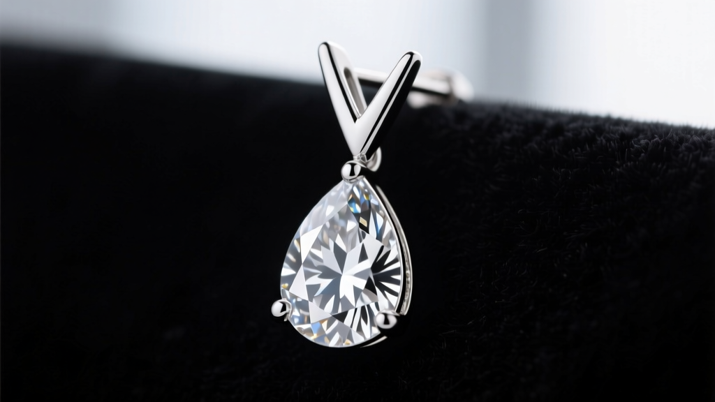 Macro shot of a platinum diamond pear drop earring, highlighting the protective V-prong securing the delicate teardrop stone point
