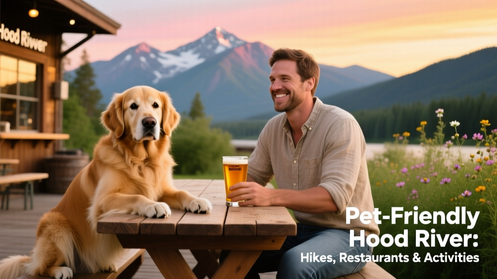 A golden retriever sitting beside its owner at an outdoor table at a Hood River brewery, with mountains visible in the background
