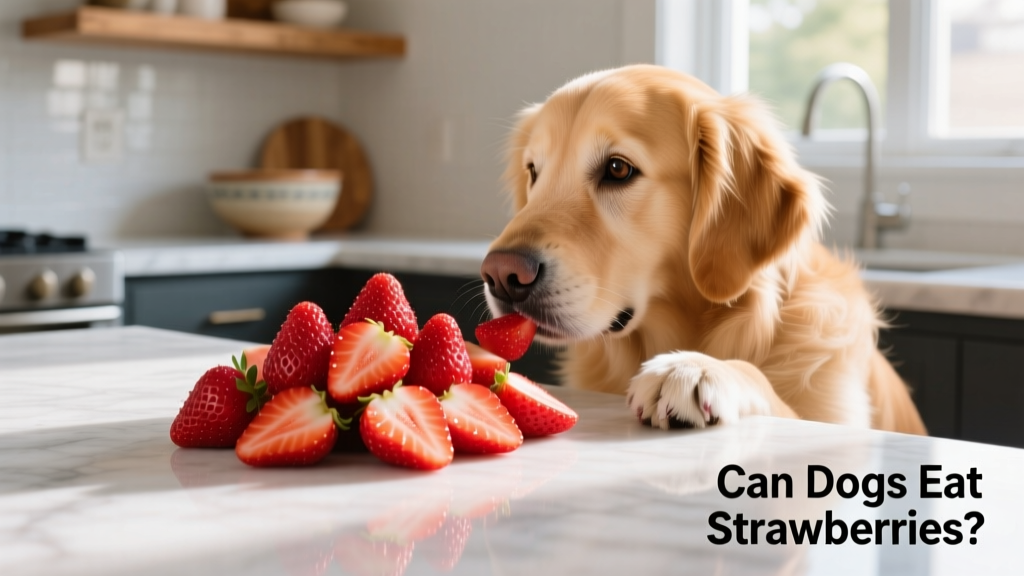 Fresh, washed strawberries sliced into small pieces on a clean surface, ready for a dog