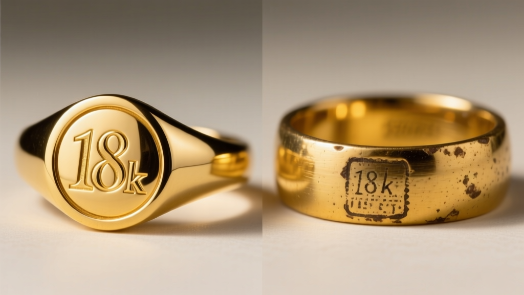 Side-by-side view of a crisp 18k gold hallmark next to a heavily worn, barely legible stamp on a vintage yellow gold ring shank