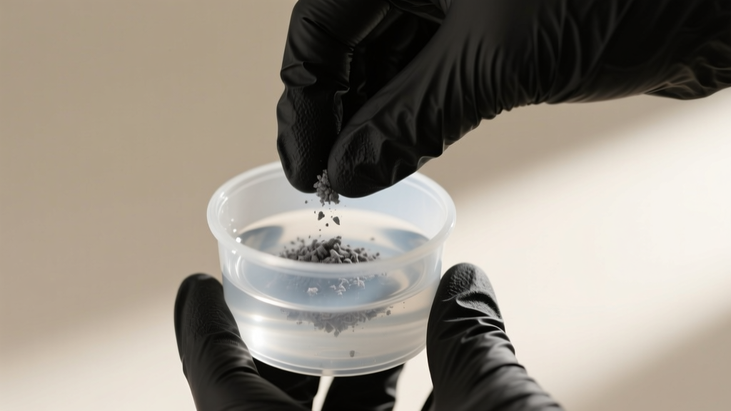 Close-up of black nitrile gloves stirring fine grey cremation ashes into clear epoxy resin inside a small silicone mixing cup