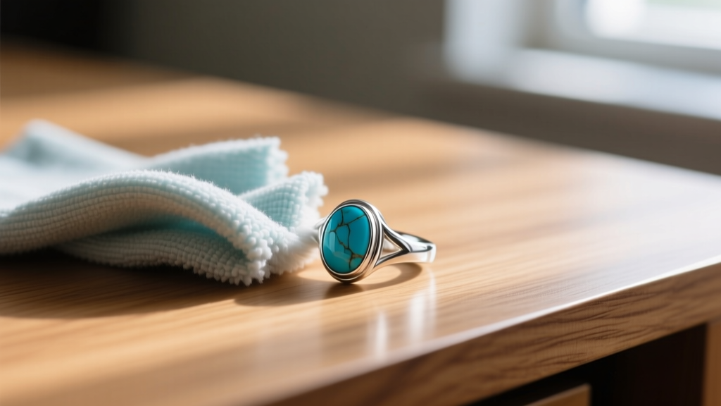 Macro shot of a microfiber cloth gently wiping a sterling silver ring set with a blue turquoise cabochon on a wooden desk surface.