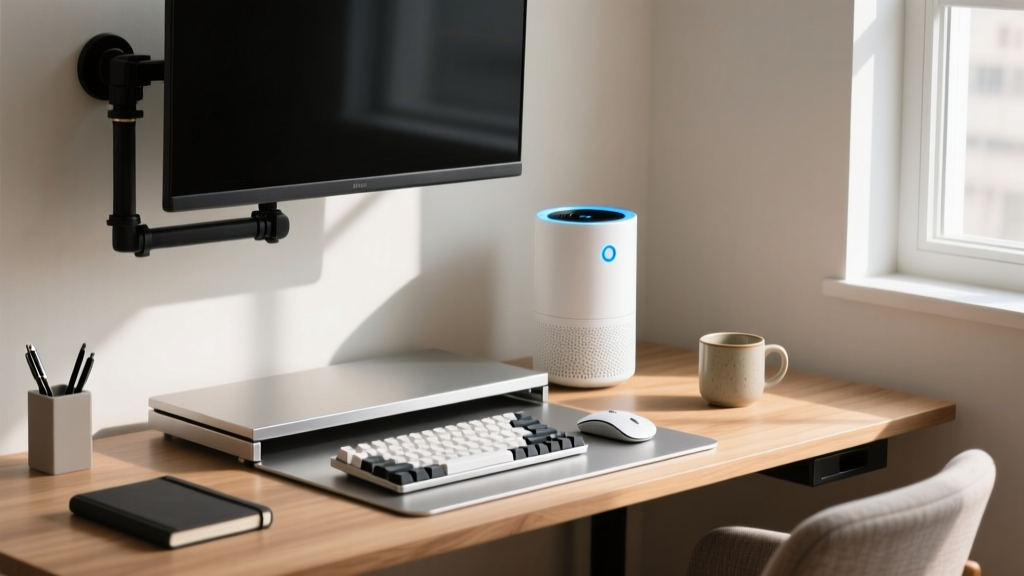 Ultra-compact home office desk setup featuring a wall-mounted monitor arm, foldable keyboard tray, and sleek desktop air purifier.
