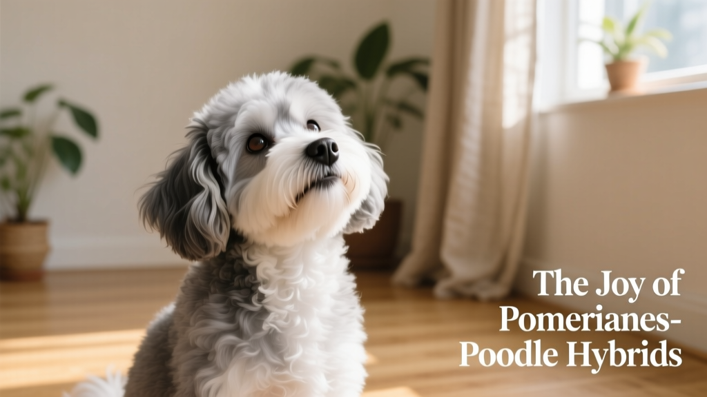 Grey and White Pomapoo looking up