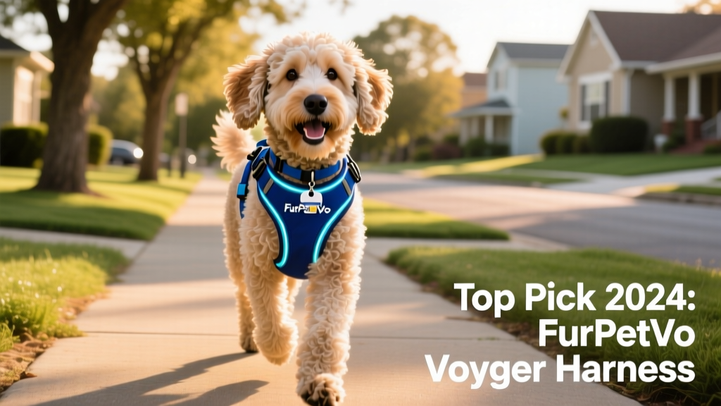 A Labradoodle wearing the FurPetVo Voyager harness comfortably on a sunny neighborhood walk