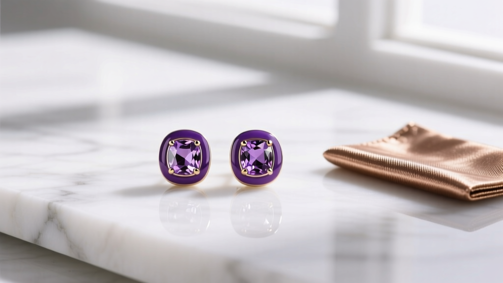 Flat lay of purple enamel and amethyst stud earrings arranged on white marble alongside a small brass jewelry polishing cloth.