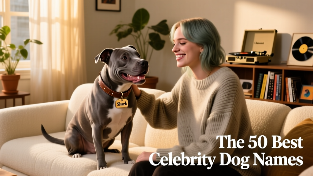 A joyful gray Pit Bull named Shark sitting beside Billie Eilish on a cozy couch