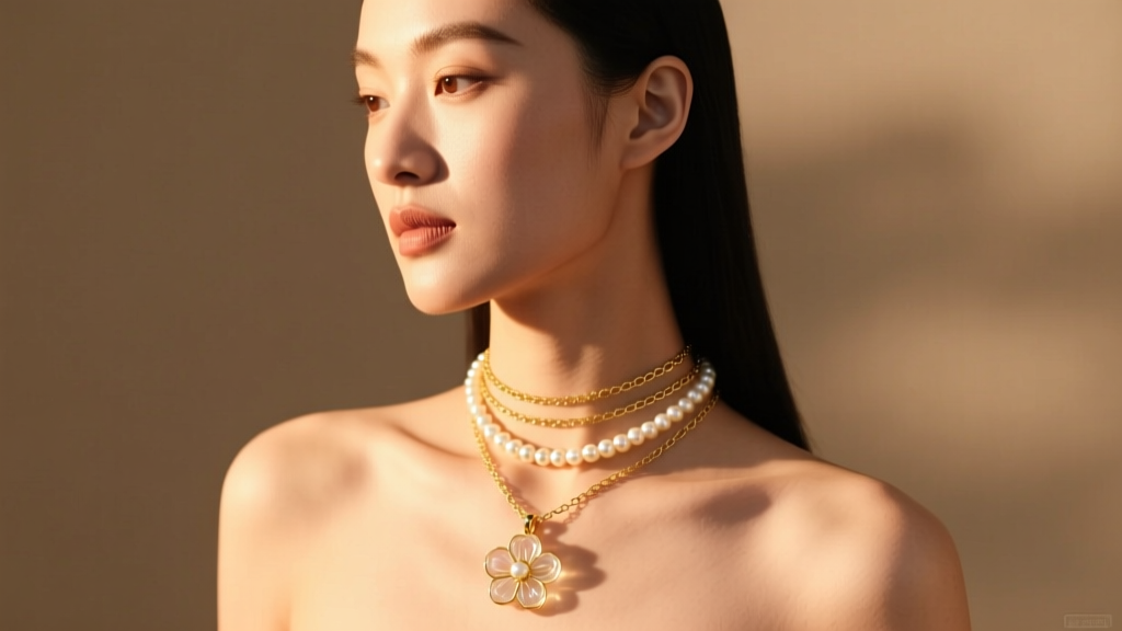 Model wearing a layered stack with a gold chain, pearl choker, and 30mm miniature resin charm pendant in warm natural sunlight.
