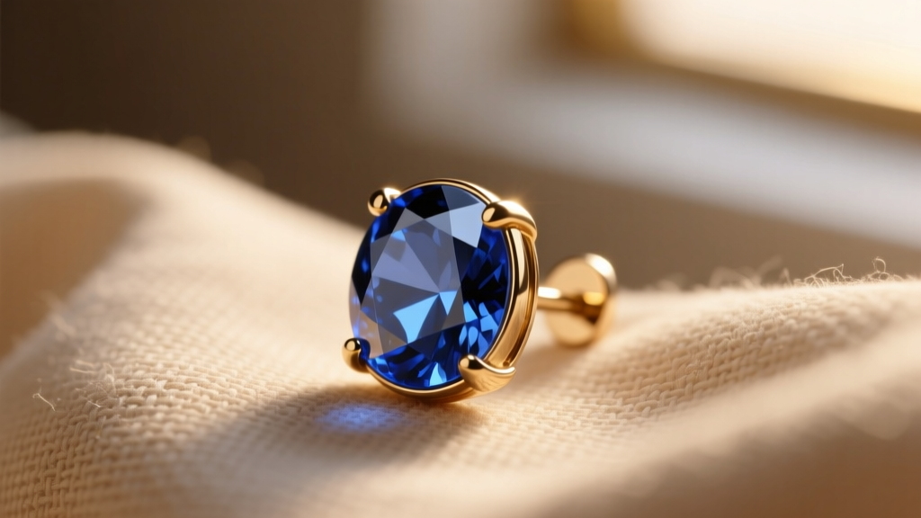 Macro shot of a 16-gauge titanium flat-back earring with a sapphire resting on soft beige linen fabric in warm light