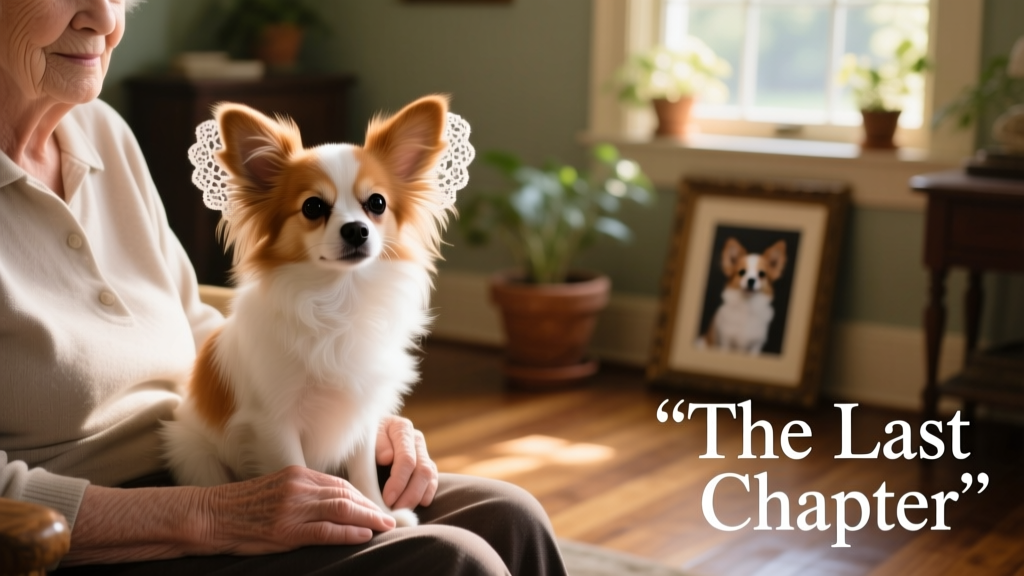 A gentle close-up of Hazel, a small Papillon with expressive eyes and soft fur, sitting calmly beside her owner