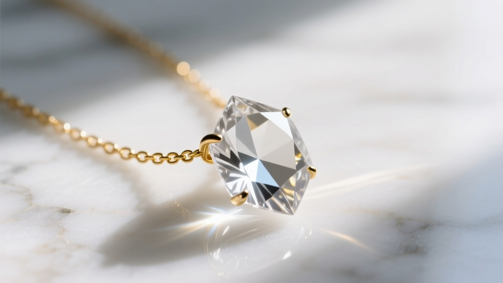 Close-up of a faceted clear quartz white crystal necklace on a gold chain resting on white marble bathed in soft morning sunlight