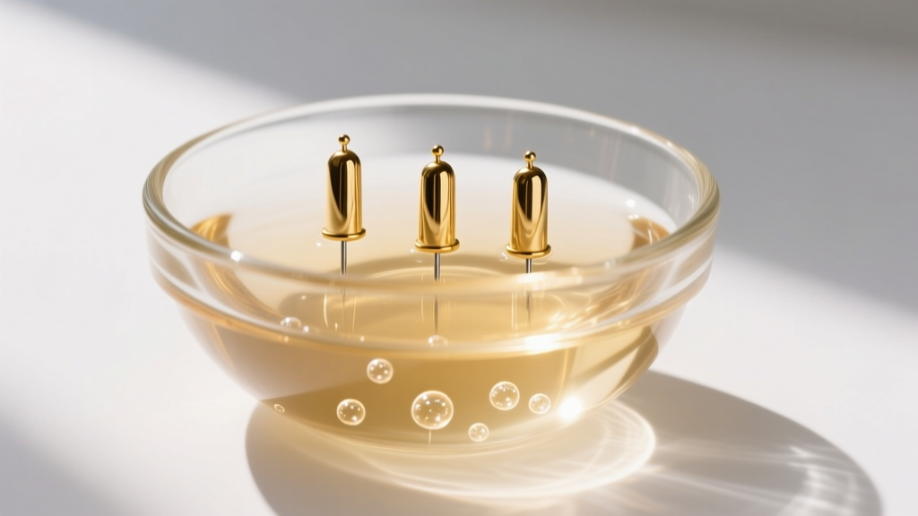 Macro shot of a glass bowl holding warm saline and three 14k gold earring needle posts soaking in clear, brightly lit liquid.