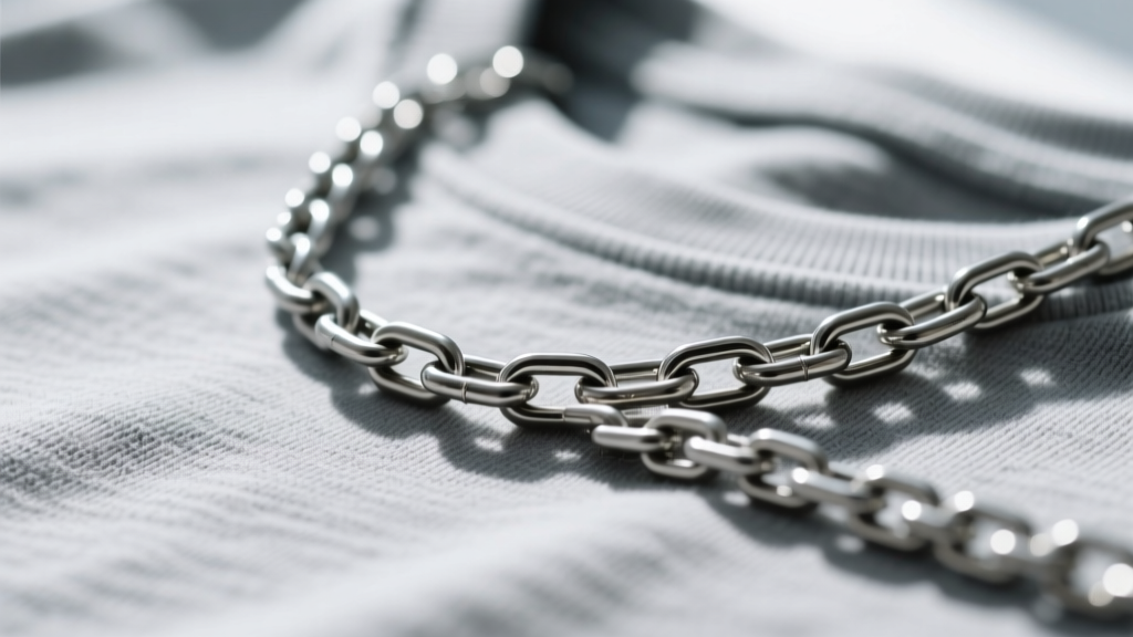 Macro shot of a steel herringbone chain resting on textured grey cotton t-shirt fabric, highlighting the flat woven metal links