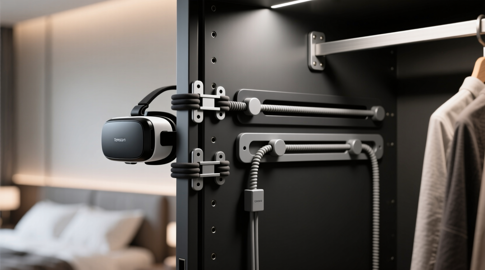vr headset accessories storage on closet doors