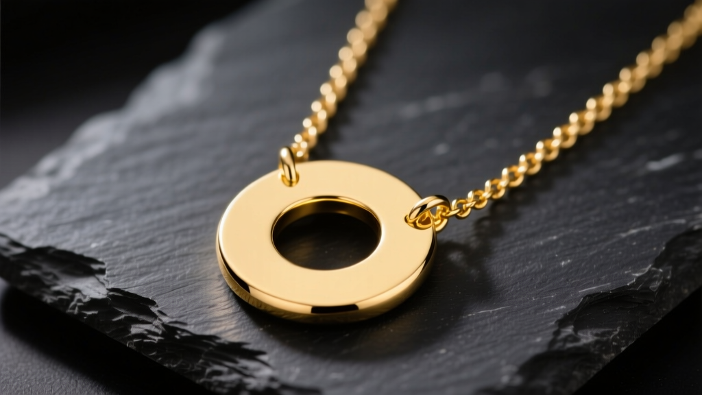 Macro shot of a polished 18k yellow gold disk necklace on dark slate, highlighting the mirror finish and delicate cable chain.