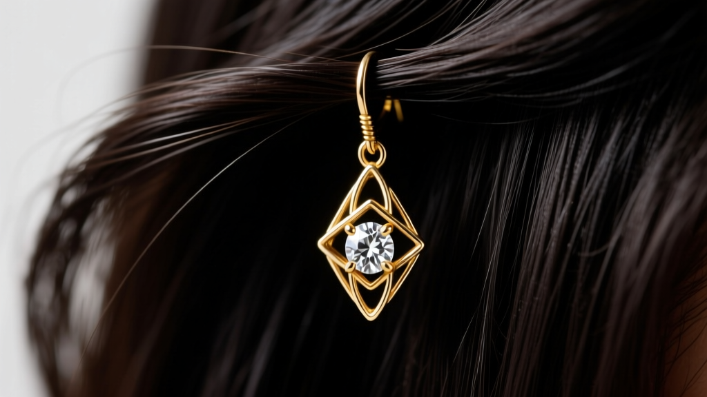 Macro photography of a diamond drop earring caught in dark textured hair, highlighting tension on the gold filigree wire.