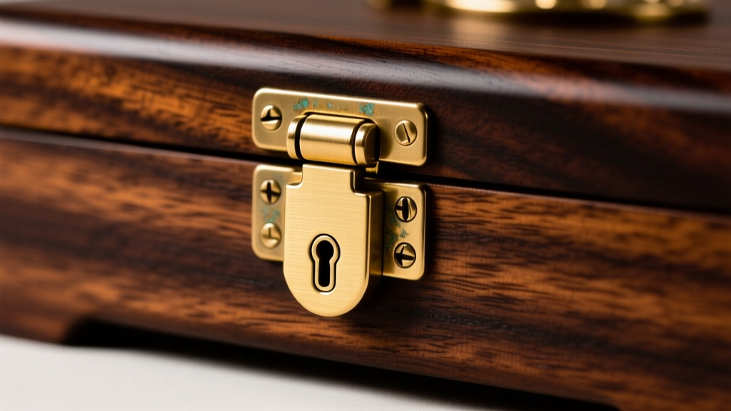 Close-up of a solid brass hinge and heavy-duty lock mechanism on the front edge of a handcrafted dark walnut wooden jewelry box.