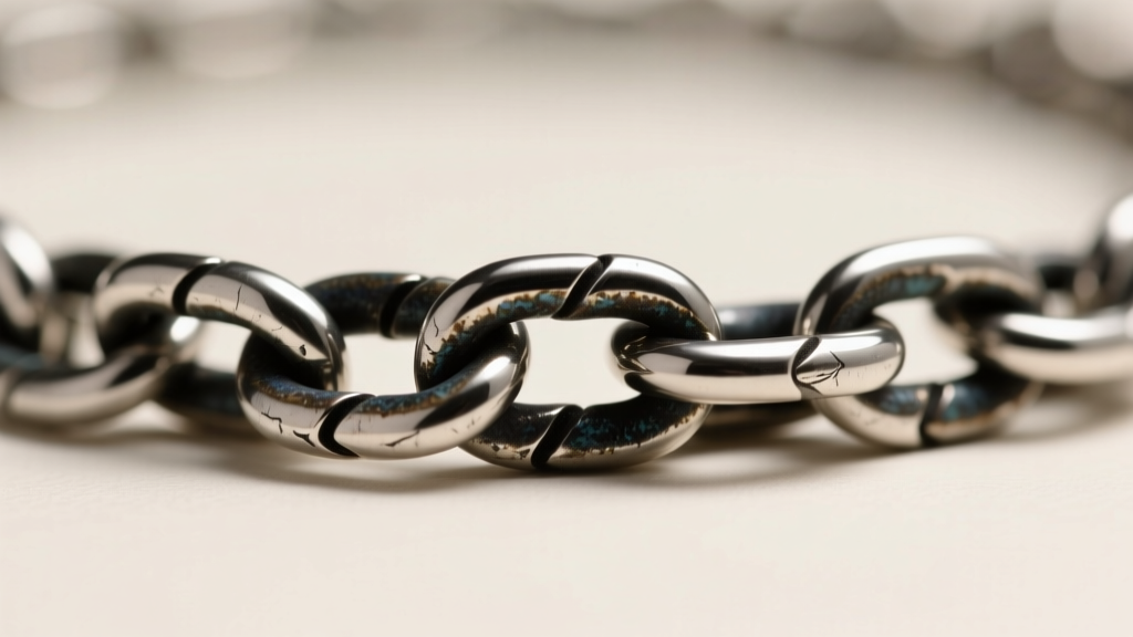 Macro shot of an oxidized sterling silver rolo chain showing dark patina in the crevices and bright highlights on the links