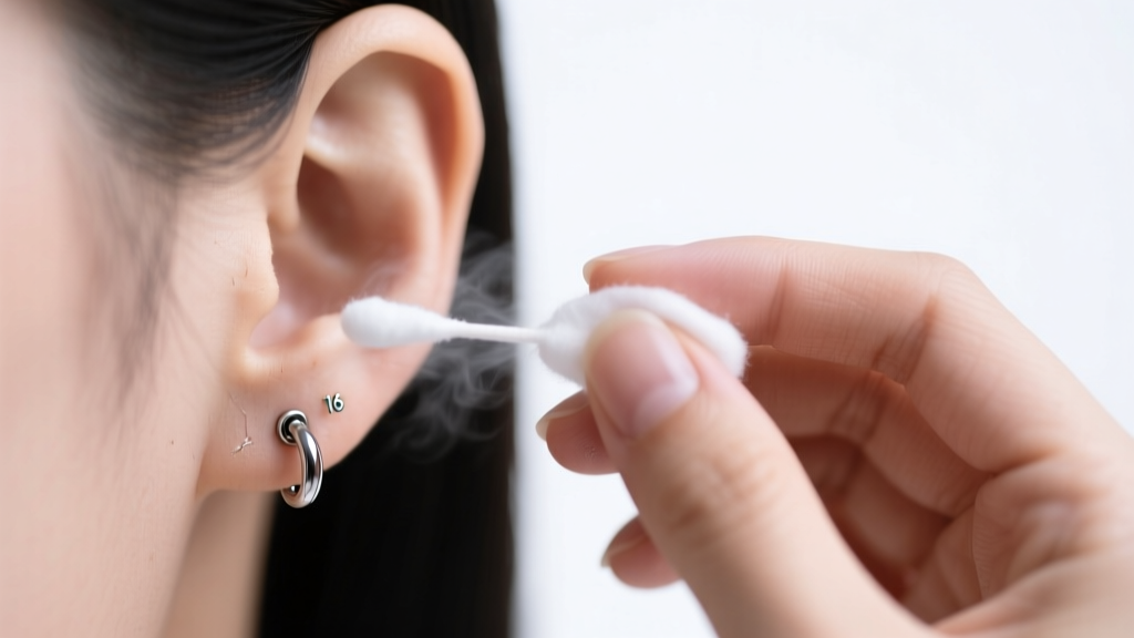 Right hand carefully cleaning a 16-gauge titanium cartilage earring in a left ear with sterile saline spray and a soft cotton swab.