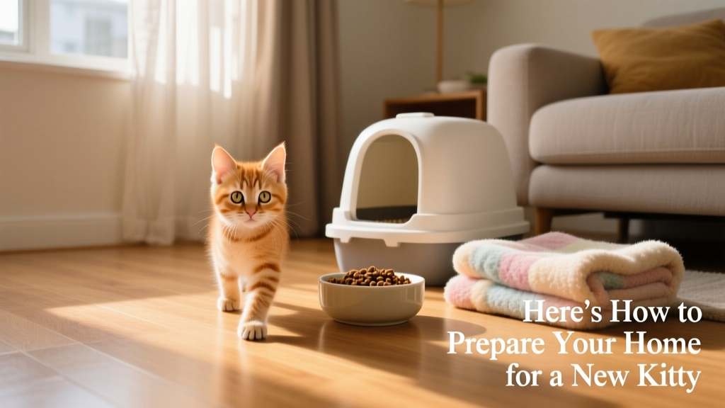 A calm, curious kitten exploring a sunlit, tidy room with a litter box, food bowl, and soft blanket in the corner