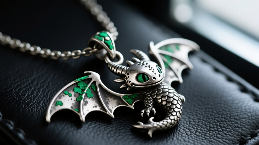 Tarnished silver-plated Toothless dragon pendant necklace on dark leather, showing green oxidation around the bail and chain clasp