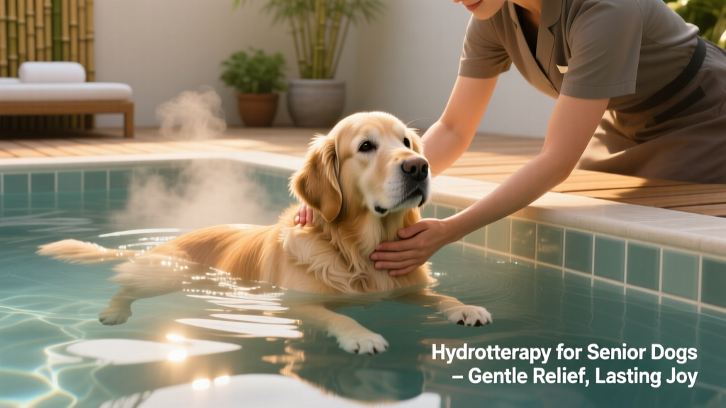 Senior golden retriever comfortably floating with gentle support from a therapist’s hands in a warm hydrotherapy pool