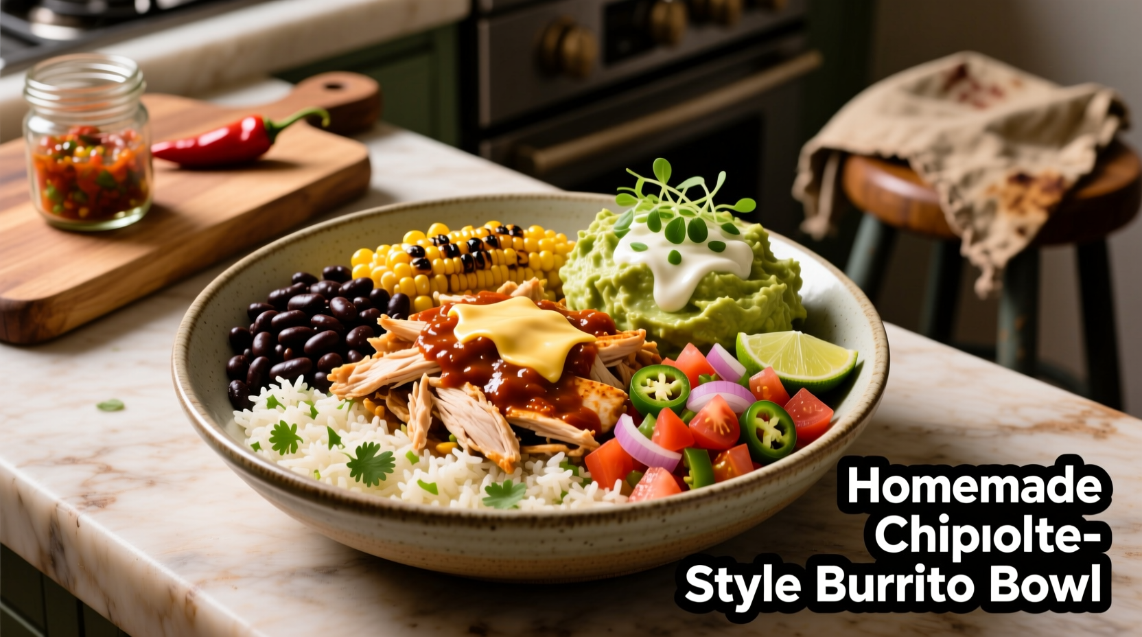 Homemade Chipotle-style burrito bowl ingredients